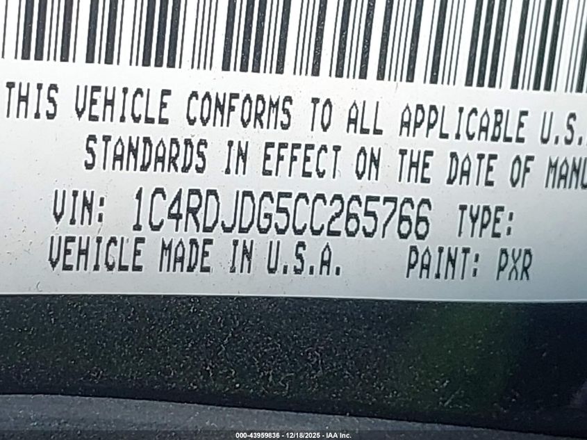 2012 Dodge Durango Crew VIN: 1C4RDJDG5CC265766 Lot: 43959836