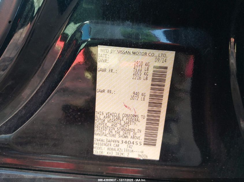 2015 Nissan Altima 2.5 Sl VIN: 1N4AL3AP4FN340455 Lot: 43959837