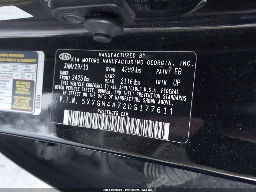 2013 Kia Optima Ex VIN: 5XXGN4A72DG177611 Lot: 43959840