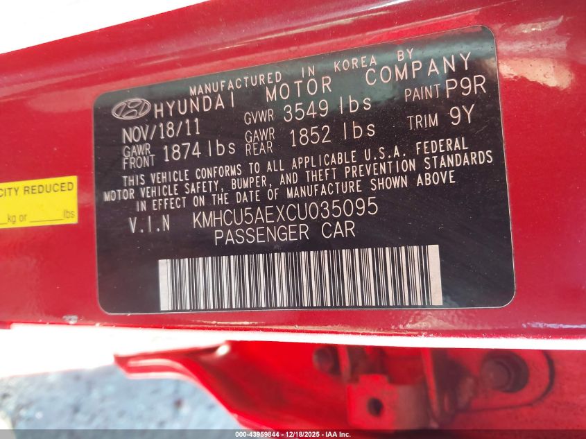 2012 Hyundai Accent Se VIN: KMHCU5AEXCU035095 Lot: 43959844