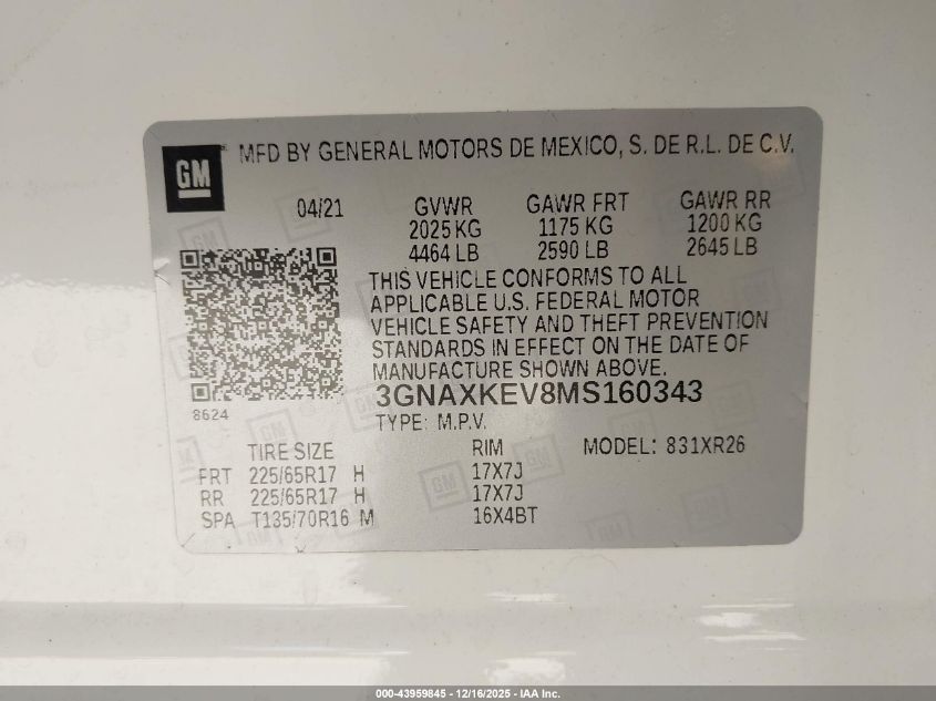 2021 Chevrolet Equinox Fwd Lt VIN: 3GNAXKEV8MS160343 Lot: 43959845