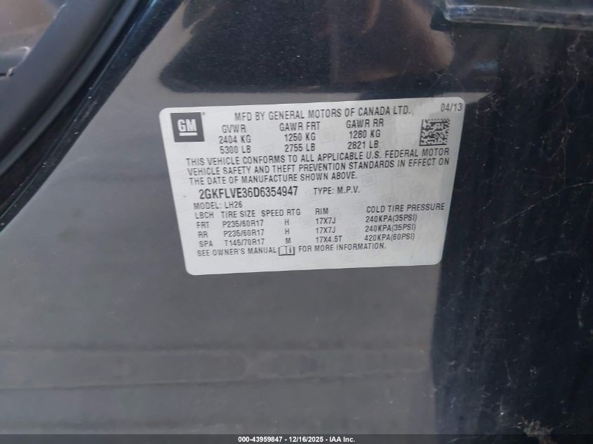 2013 GMC Terrain Slt-1 VIN: 2GKFLVE36D6354947 Lot: 43959847