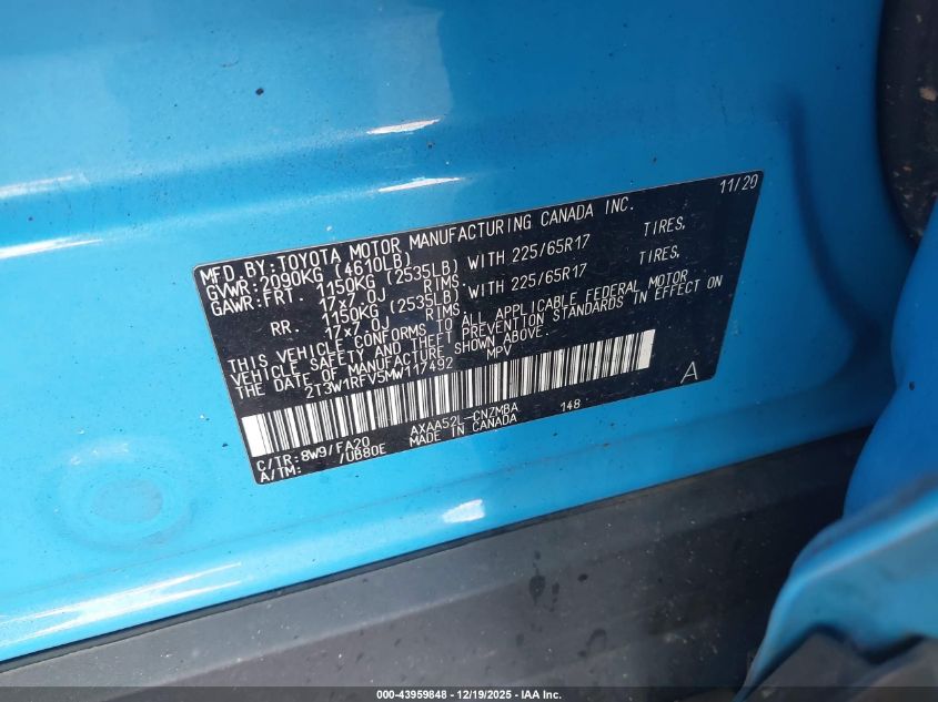 2021 Toyota Rav4 Xle VIN: 2T3W1RFV5MW117492 Lot: 43959848