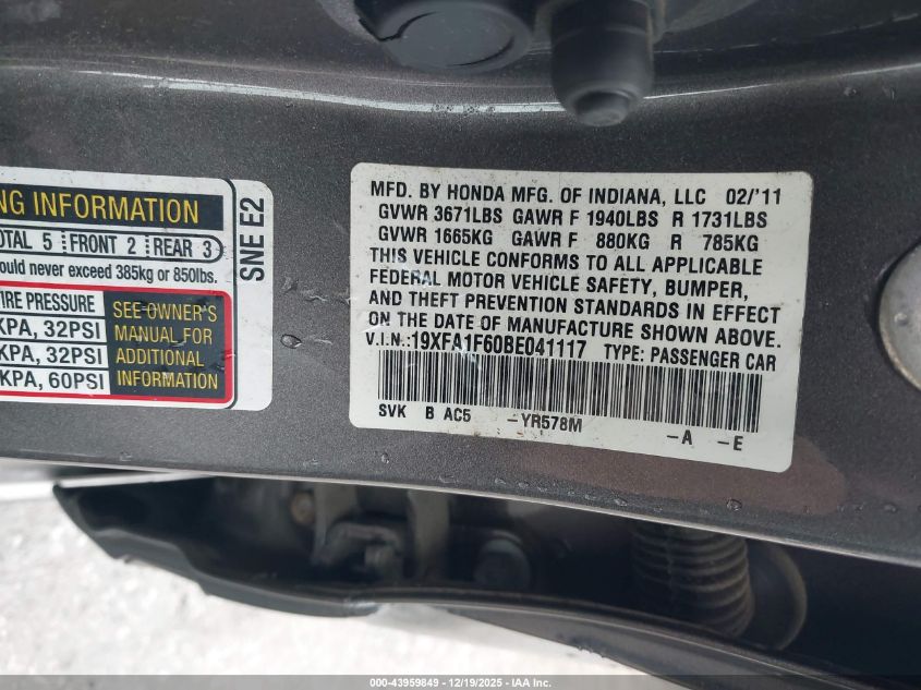 2011 Honda Civic Lx-S VIN: 19XFA1F60BE041117 Lot: 43959849