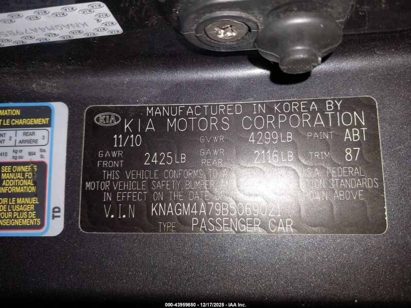 2011 Kia Optima Lx VIN: KNAGM4A79B5069021 Lot: 43959850