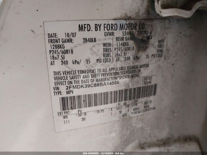 2008 Ford Edge Limited VIN: 2FMDK39C88BA14566 Lot: 43959855