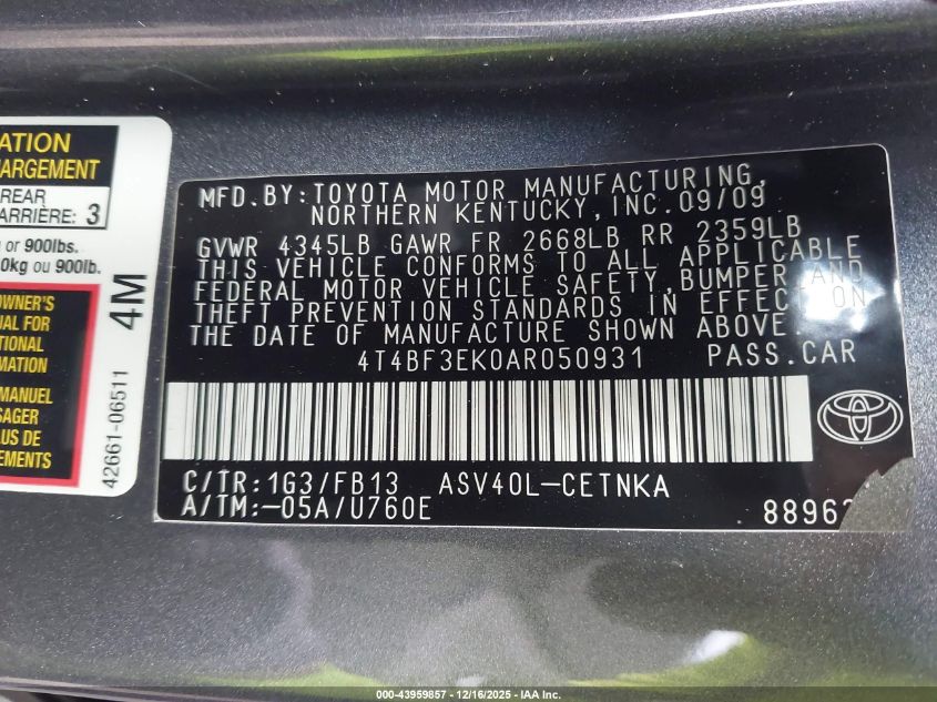 2010 Toyota Camry Le VIN: 4T4BF3EK0AR050931 Lot: 43959857