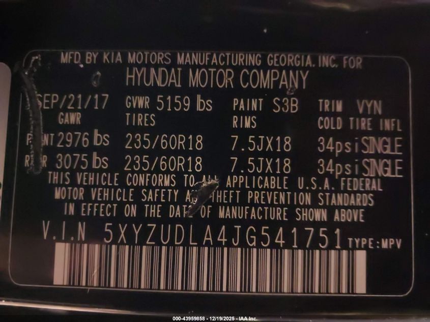 2018 Hyundai Santa Fe Sport 2.0T VIN: 5XYZUDLA4JG541751 Lot: 43959858