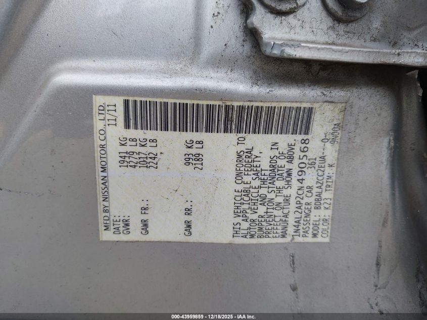 2012 Nissan Altima 2.5 VIN: 1N4AL2AP2CN490568 Lot: 43959859