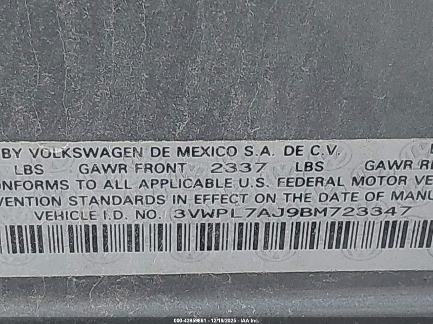 2011 Volkswagen Jetta Sportwagen 2.0L Tdi VIN: 3VWPL7AJ9BM723347 Lot: 43959861