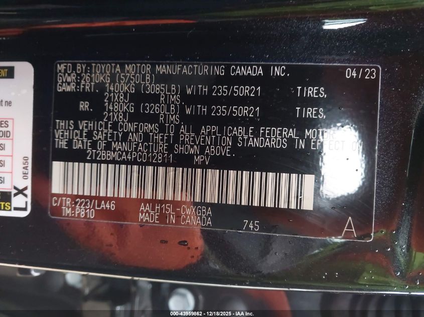 2023 Lexus Rx 350H Luxury VIN: 2T2BBMCA4PC012811 Lot: 43959862