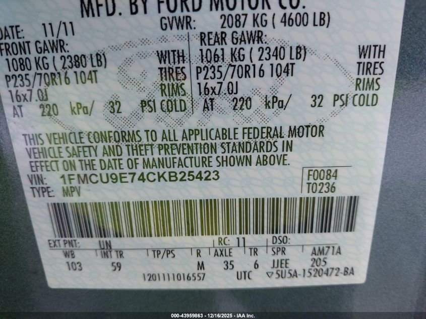 2012 Ford Escape Limited VIN: 1FMCU9E74CKB25423 Lot: 43959863