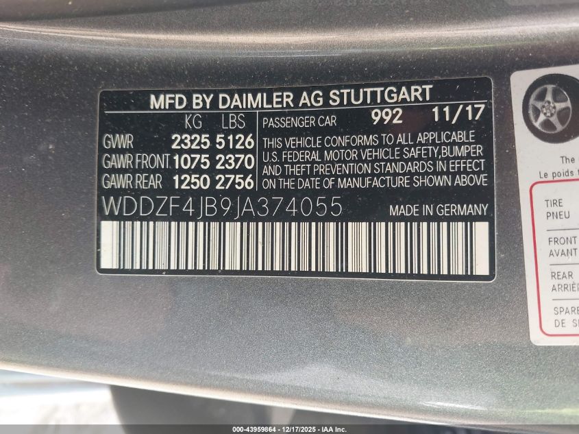 2018 Mercedes-Benz E 300 VIN: WDDZF4JB9JA374055 Lot: 43959864