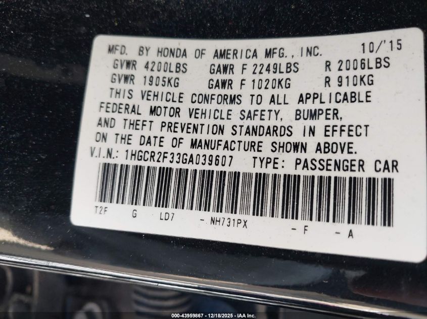 2016 Honda Accord Lx VIN: 1HGCR2F33GA039607 Lot: 43959867