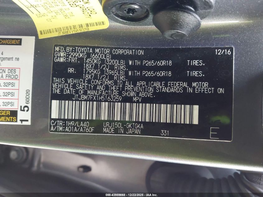 2017 Lexus Gx 460 VIN: JTJBM7FX1H5163259 Lot: 43959868