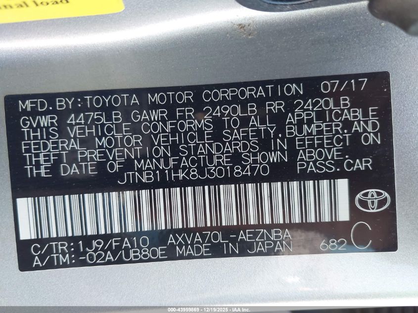 2018 Toyota Camry Le VIN: JTNB11HK8J3018470 Lot: 43959869