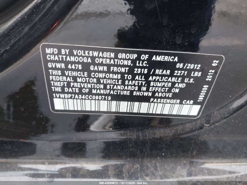2012 Volkswagen Passat 2.5L Se VIN: 1VWBP7A34CC090713 Lot: 43959872