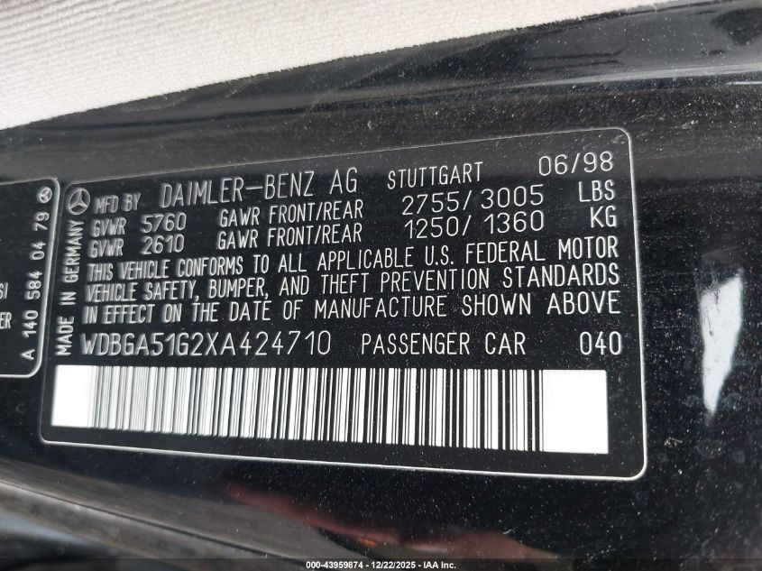 1999 Mercedes-Benz S 500 VIN: WDBGA51G2XA424710 Lot: 43959874