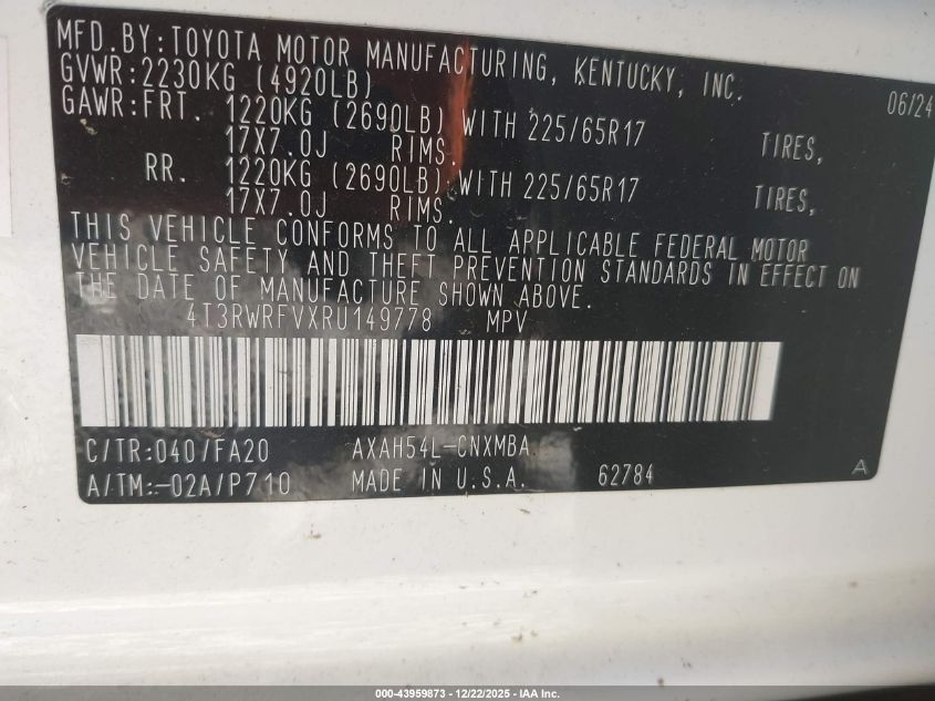 2024 Toyota Rav4 Hybrid Xle VIN: 4T3RWRFVXRU149778 Lot: 43959873