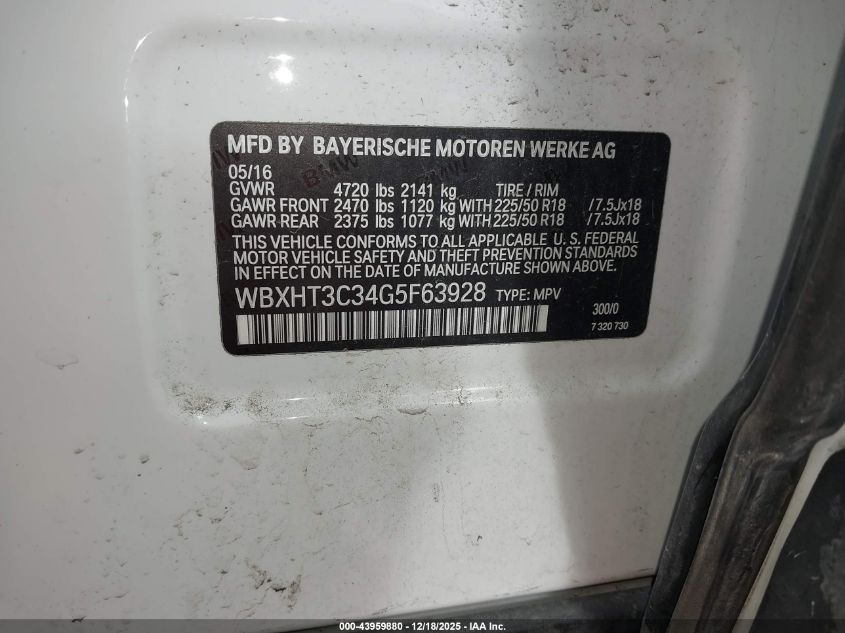 2016 BMW X1 xDrive28I VIN: WBXHT3C34G5F63928 Lot: 43959880