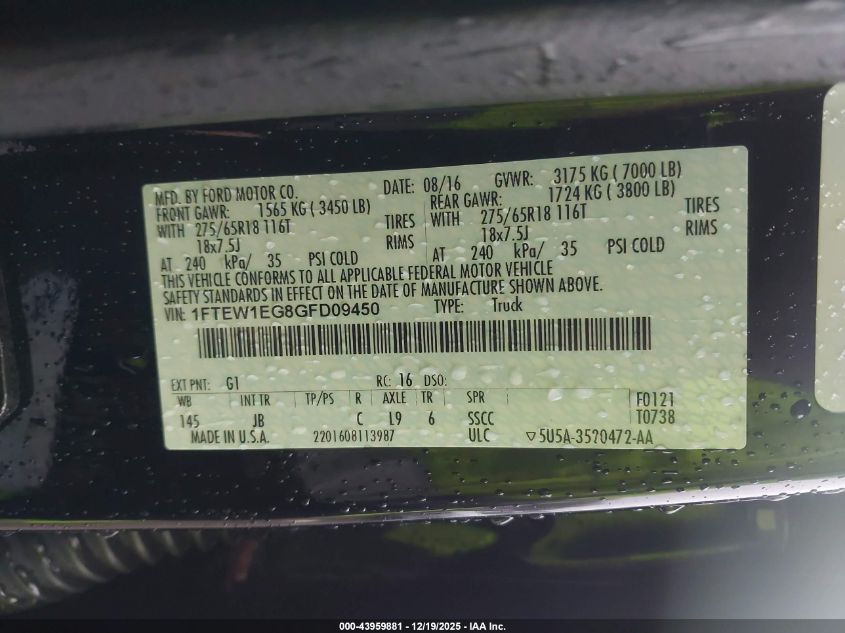 2016 Ford F-150 Xlt VIN: 1FTEW1EG8GFD09450 Lot: 43959881