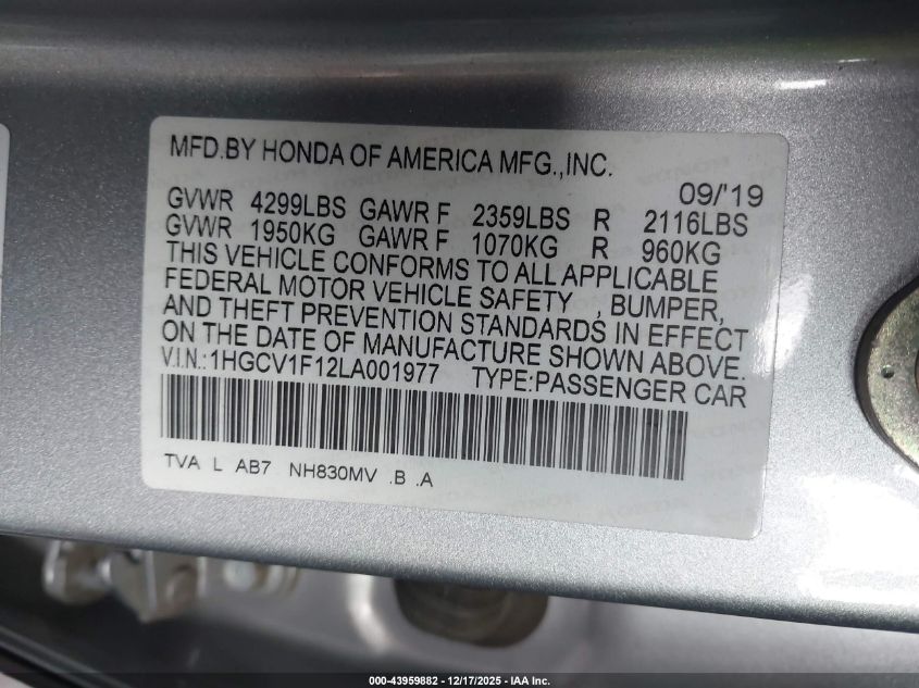 2020 Honda Accord Lx VIN: 1HGCV1F12LA001977 Lot: 43959882