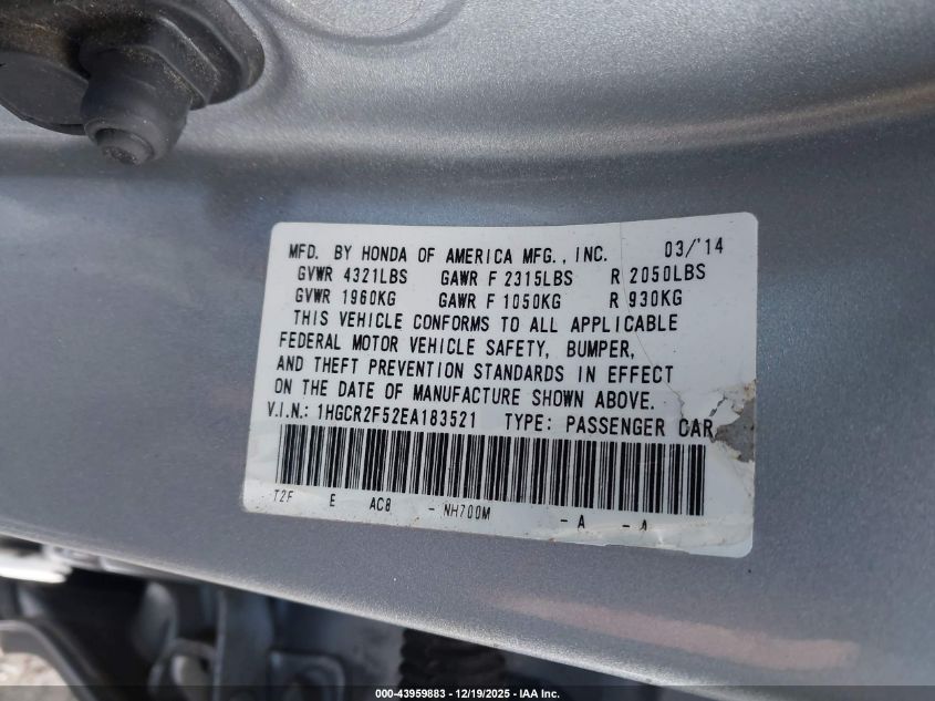 2014 Honda Accord Sport VIN: 1HGCR2F52EA183521 Lot: 43959883