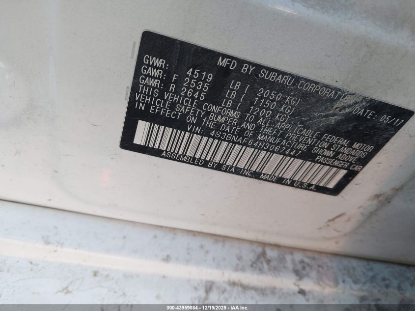 2017 Subaru Legacy 2.5I Premium VIN: 4S3BNAF64H3067447 Lot: 43959884