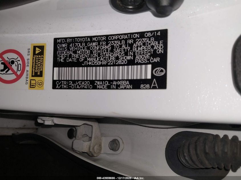 2015 Lexus Ct 200H VIN: JTHKD5BHXF2212820 Lot: 43959886