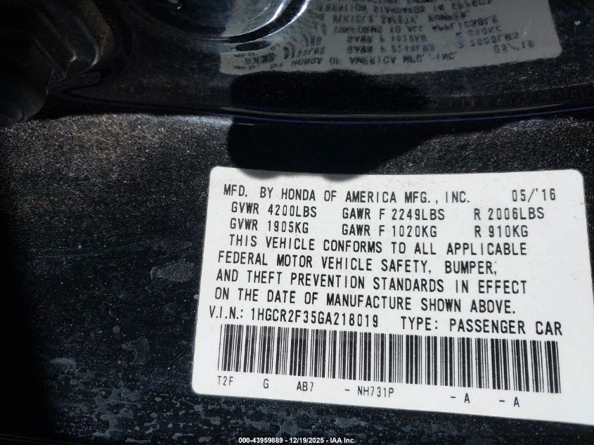 2016 Honda Accord Lx VIN: 1HGCR2F35GA218019 Lot: 43959889