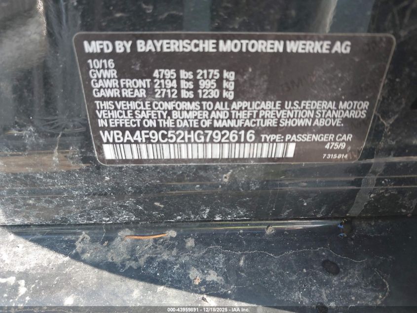 2017 BMW 430I Gran Coupe xDrive VIN: WBA4F9C52HG792616 Lot: 43959891