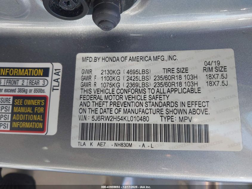 2019 Honda Cr-V Ex VIN: 5J6RW2H54KL010480 Lot: 43959892