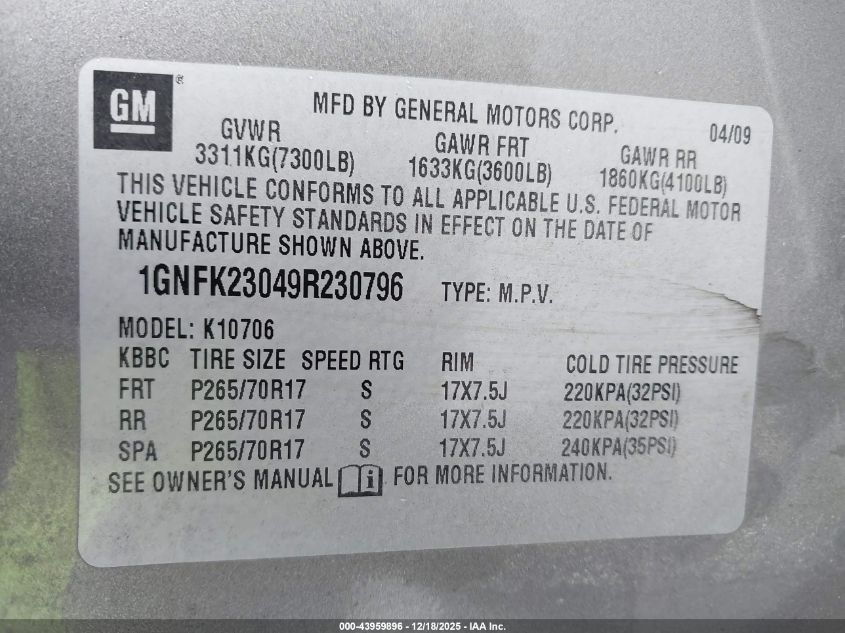 2009 Chevrolet Tahoe Lt1 VIN: 1GNFK23049R230796 Lot: 43959896