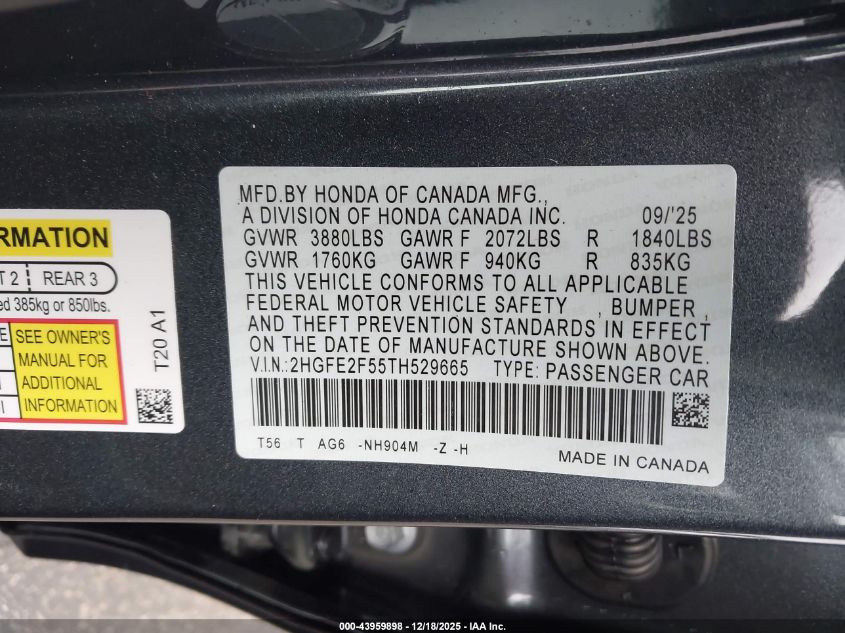 2026 Honda Civic Sport VIN: 2HGFE2F55TH529665 Lot: 43959898