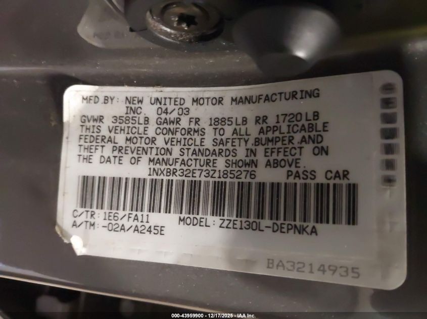 2003 Toyota Corolla Le VIN: 1NXBR32E73Z185276 Lot: 43959900