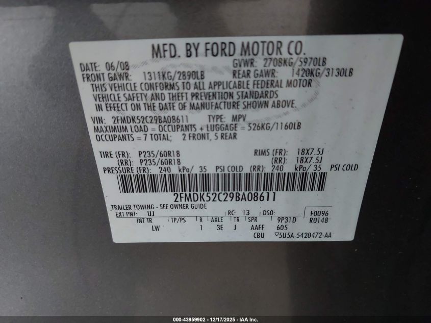 2009 Ford Flex Sel VIN: 2FMDK52C29BA08611 Lot: 43959902