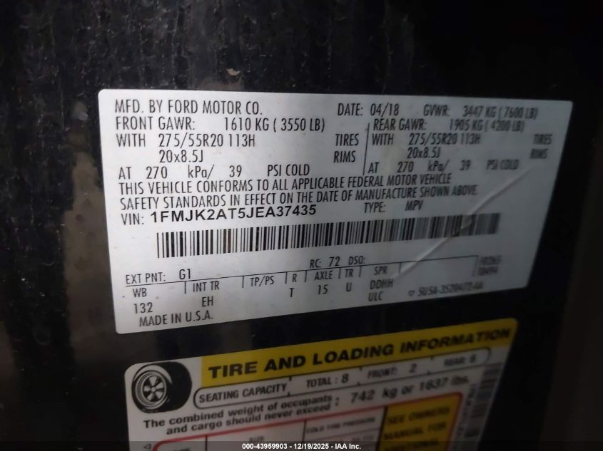 2018 Ford Expedition Max Limited VIN: 1FMJK2AT5JEA37435 Lot: 43959903