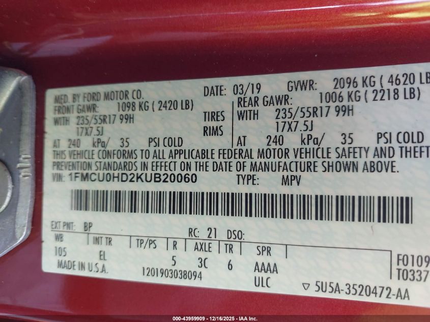 2019 Ford Escape Sel VIN: 1FMCU0HD2KUB20060 Lot: 43959909