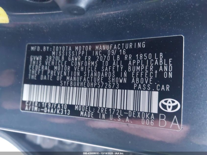 2017 Toyota Corolla L VIN: 5YFBURHE0HP572673 Lot: 43959910