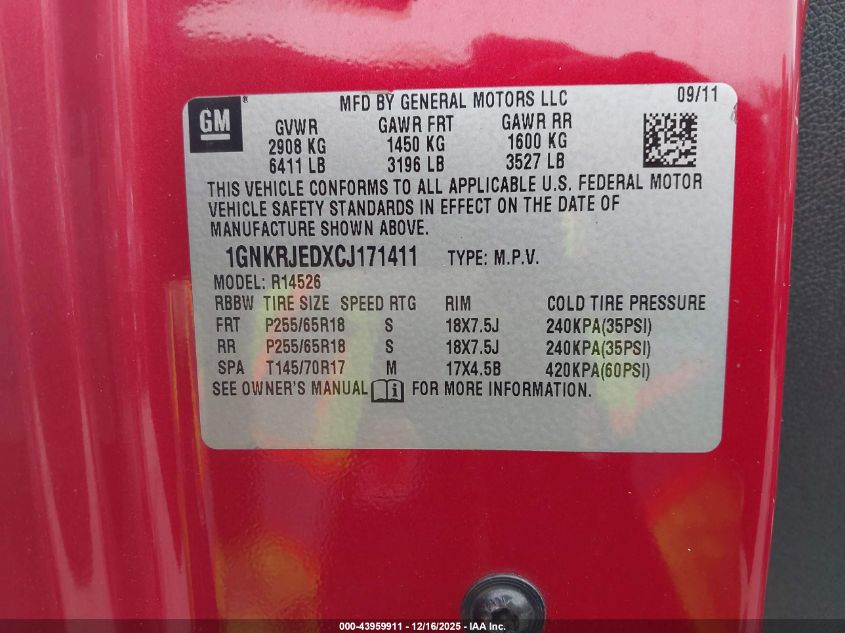 2012 Chevrolet Traverse 2Lt VIN: 1GNKRJEDXCJ171411 Lot: 43959911