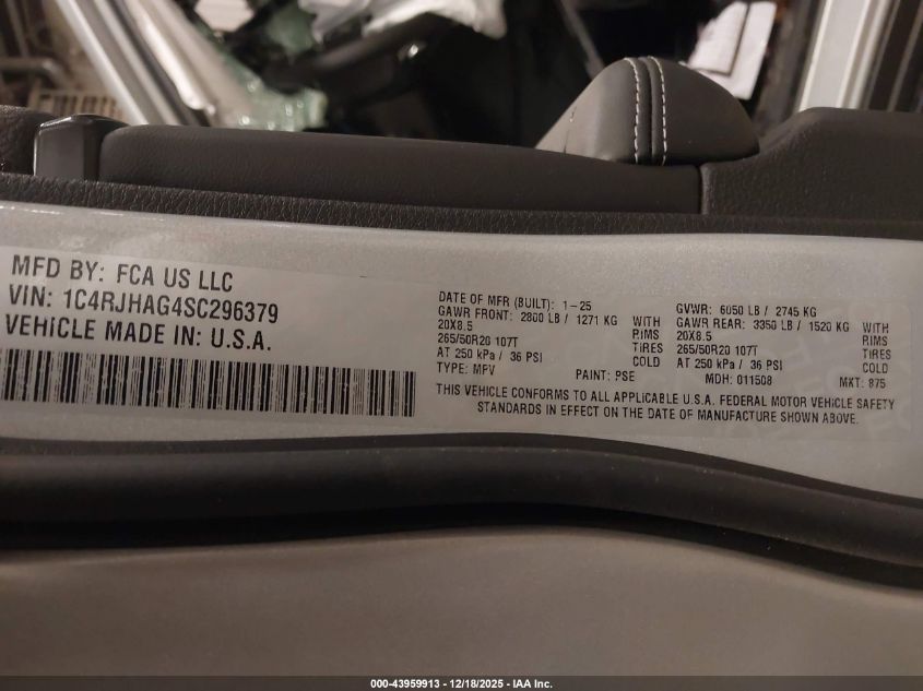 2025 Jeep Grand Cherokee Altitude X 4X4 VIN: 1C4RJHAG4SC296379 Lot: 43959913