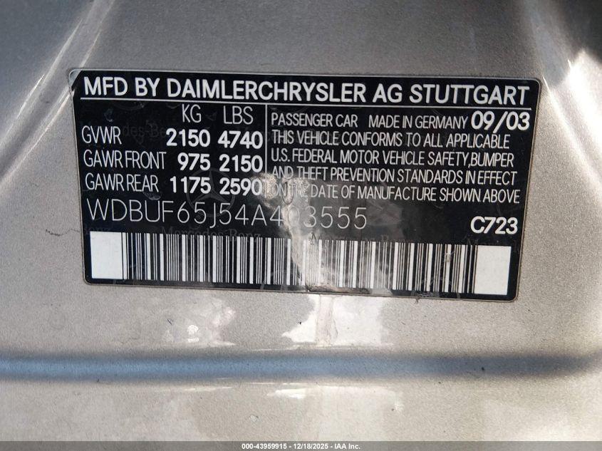 2004 Mercedes-Benz E 320 VIN: WDBUF65J54A403555 Lot: 43959915