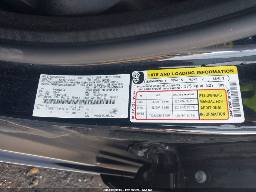 2017 Ford Fiesta Se VIN: 3FADP4EJ3HM104941 Lot: 43959916