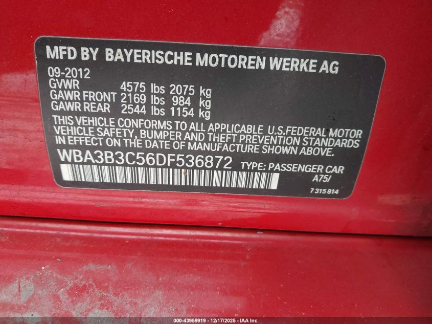 2013 BMW 328I xDrive VIN: WBA3B3C56DF536872 Lot: 43959919