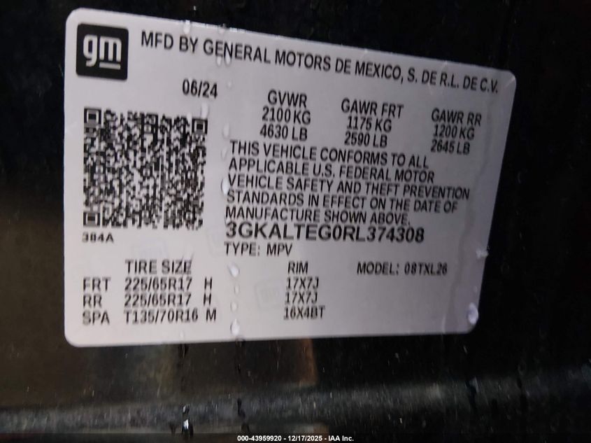 2024 GMC Terrain Awd Sle VIN: 3GKALTEG0RL374308 Lot: 43959920
