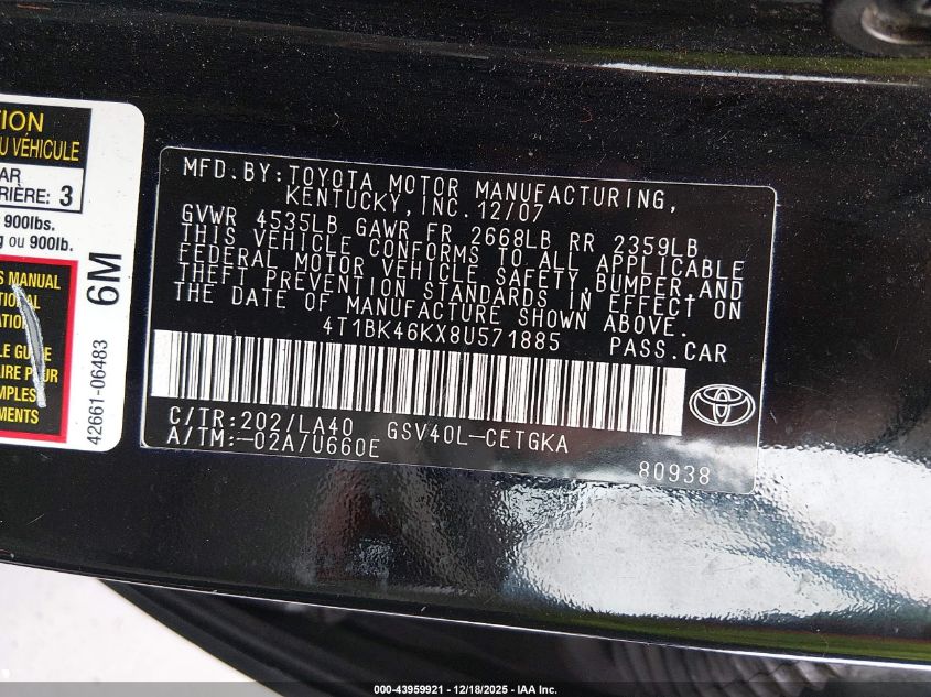 2008 Toyota Camry Xle V6 VIN: 4T1BK46KX8U571885 Lot: 43959921