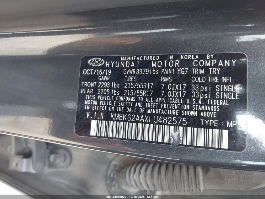 2020 Hyundai Kona Sel Plus VIN: KM8K62AAXLU482575 Lot: 43959922