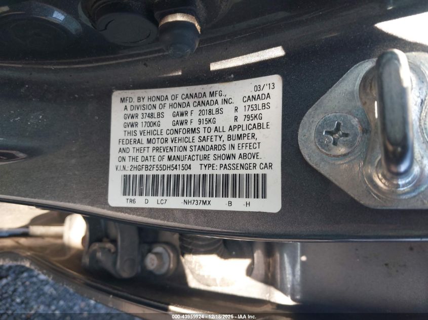 2013 Honda Civic Lx VIN: 2HGFB2F55DH541504 Lot: 43959924