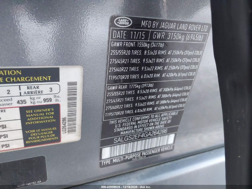2016 Land Rover Range Rover 5.0L V8 Supercharged VIN: SALGS2EF4GA264286 Lot: 43959925