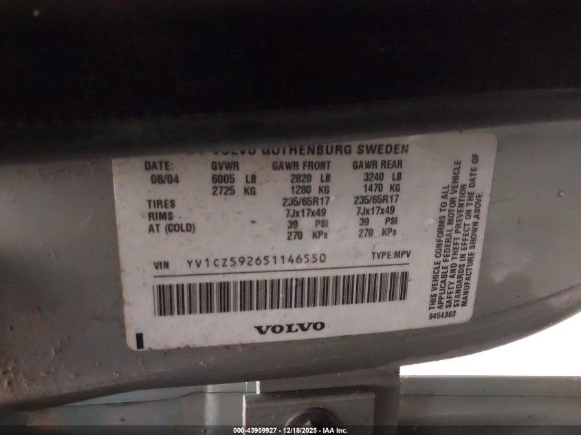 2005 Volvo Xc90 VIN: YV1CZ592651146550 Lot: 43959927